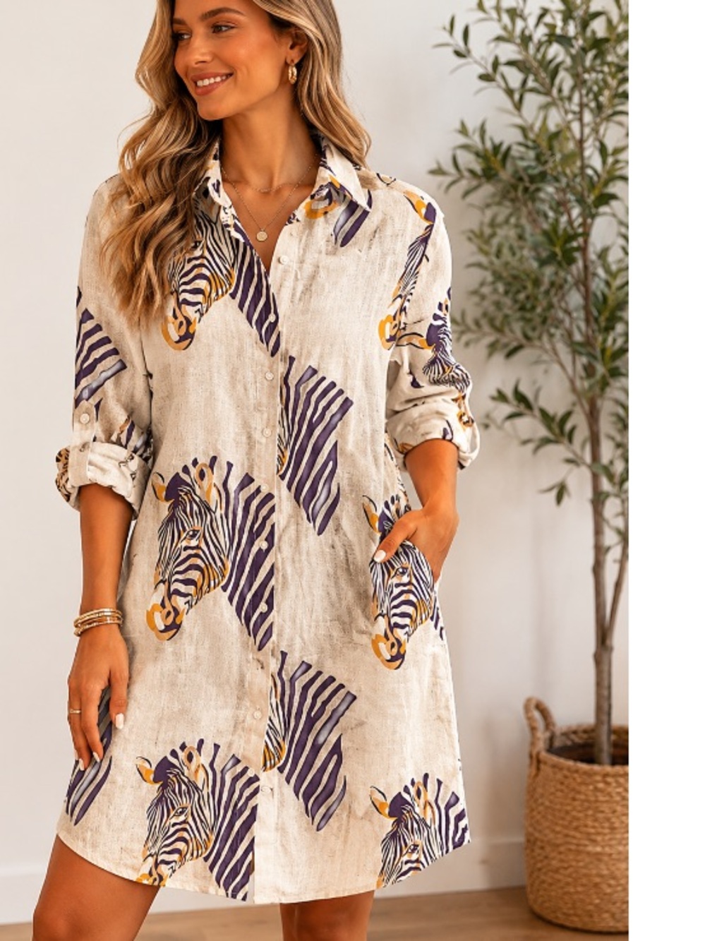 Women’s Beige Zebra Print Shirt Dress - Casual Button-Down